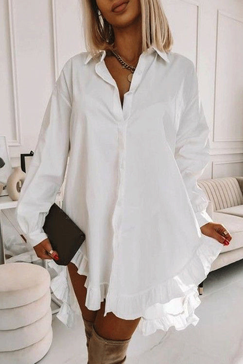 Moxidress Button Down Long Sleeves Curve Hem Ruffle Shirt