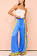 Moxidress Bow Tie Side Split Cami Top Wide Leg Pants Printed Satin Set