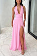 Moxidress Deep V Neck Halter Tie Knot Backless Slit Maxi Dress