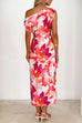 One Shoulder Tie Knot Floral Print Wrap Midi Dress