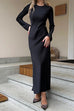 Moxidress Round Neck Long Sleeves Satin Maxi Party Dress