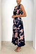 One Shoulder Midnight Leaf Print Flowy Midi Dress