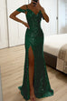 Moxidress V Neck Cold Shoulder High Slit Sequin Maxi Prom Dresses