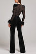 Moxidress Feather Cuffs Bell Bottom Velvet Splice Jumpsuit