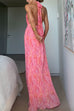 Halter V Neck Open Back Print Pleated Maxi Dress