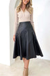 Moxidress High Waist Faux Leather A-line Flare Midi Skirt