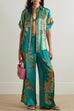 Moxidress Roll Up Short Sleeves Shirt and Wide Leg Pants Printed Satin Set