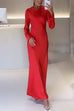 Moxidress Round Neck Long Sleeves Satin Maxi Party Dress