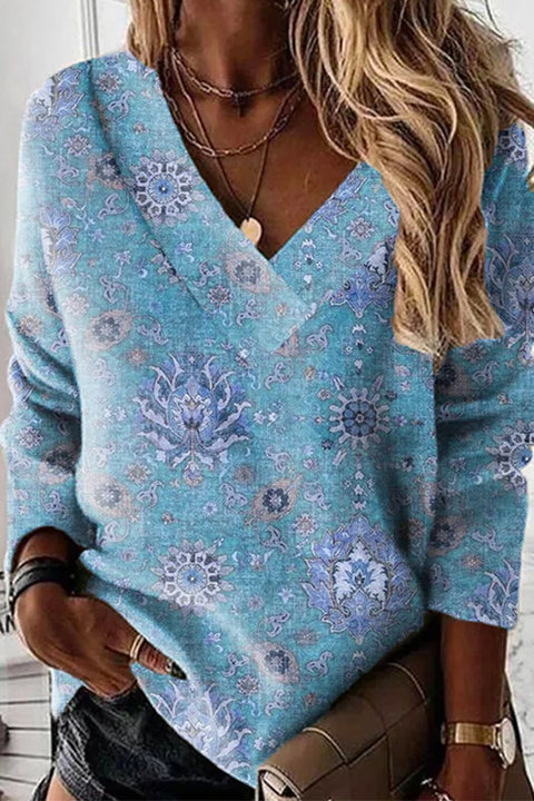 Moxidress V Neck Long Sleeves Unique Print Top