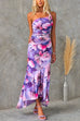 Sleeveless One Shoulder Ruched Floral Print Maxi Ruffle Dress