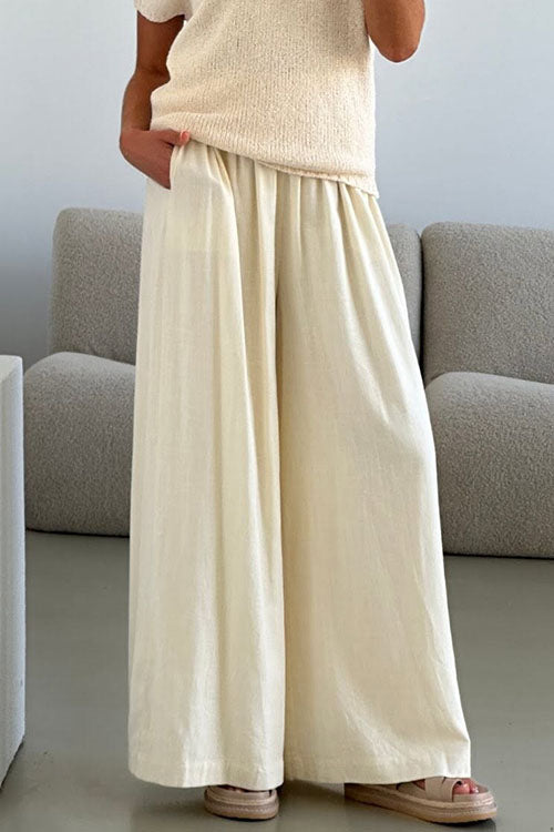 Moxidress Elastic Waist Pocketed Wide Leg Cotton Linen Pants