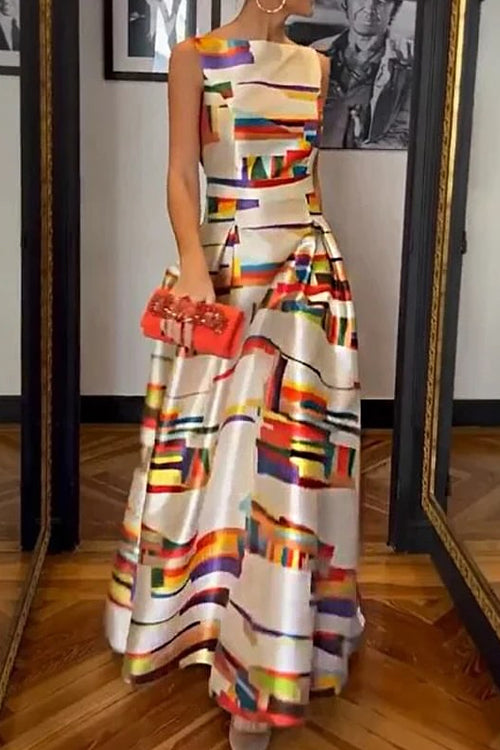 Moxidress Open Back Sleeveless Printed Maxi Swing Dress