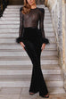 Moxidress Feather Cuffs Bell Bottom Velvet Splice Jumpsuit