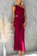 One Shoulder Cut Out Waist Drape Front Maxi Dress