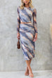 Tie Dye Crewneck Long Sleeves Crop Top and Bodycon Midi Skirt Set