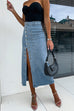 Moxidress Button Down Slit Midi Denim Skirt