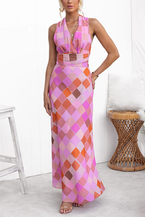 Criss Cross Bow Back Sleeveless Plaid Maxi Dress