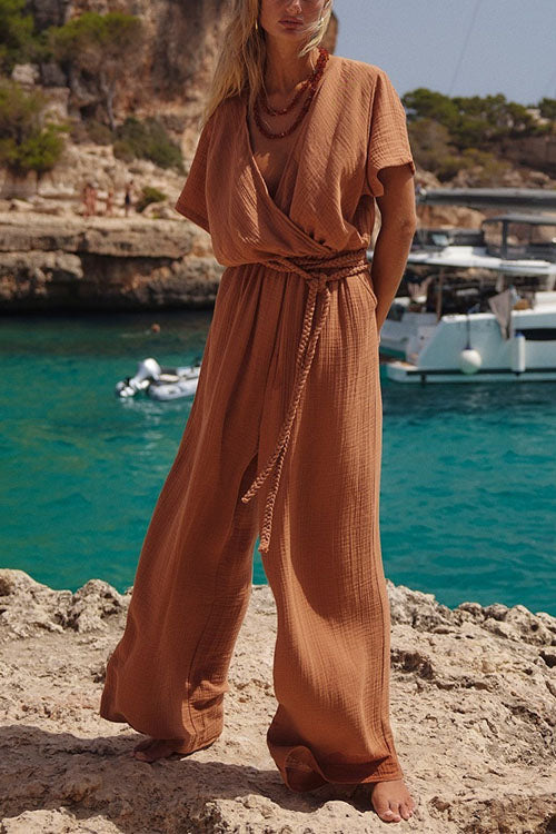 Wrap V Neck Short Sleeves Wide Leg Jumpsuit