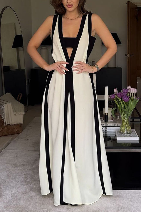 Moxidress Deep V Neck Sleeveless Color Block Maxi Swing Dress