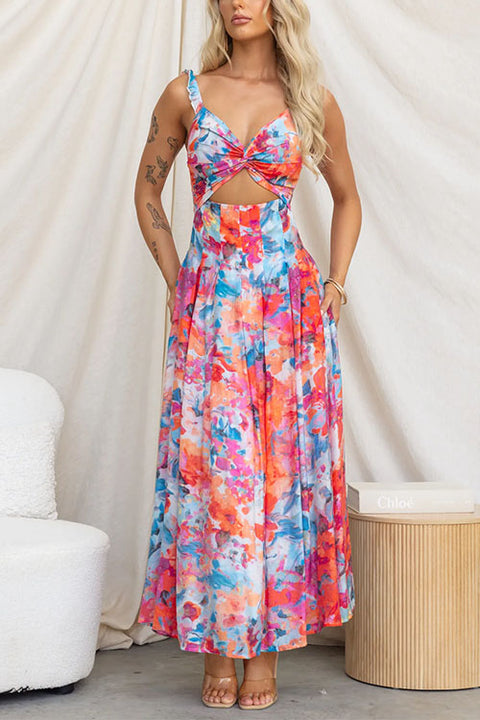 Sleeveless Cut Out Printed Swing Estelle Midi Dress