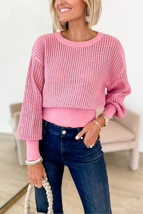 4 Colors Crewneck Back Cut Out Splice Knitting Sweater
