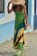 Moxidress V Neck Backless Color Block Maxi Cami Dress