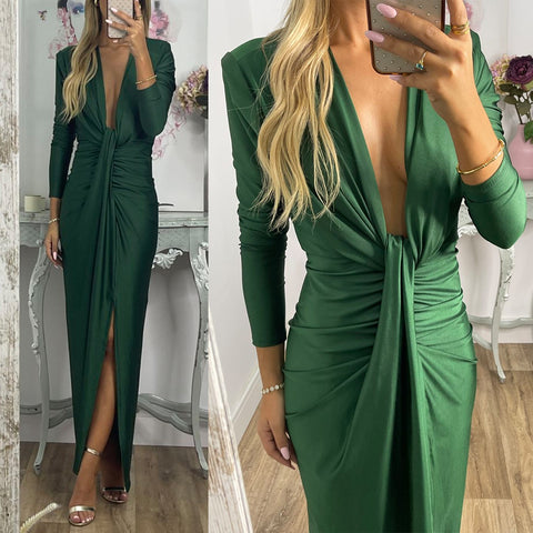 Moxidress Deep V Neck Ruched Slit Maxi Bodycon Dress