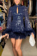 Moxidress Stand Collar Feather Trim Sequin Mini Party Dress