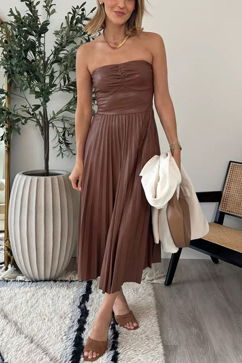 Strapless Pleated Faux Leather Midi Dress