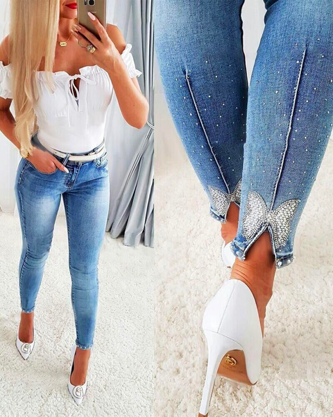 Moxidress Beaded Butterfly Distressed Skinny Denim Pants