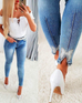 Moxidress Beaded Butterfly Distressed Skinny Denim Pants