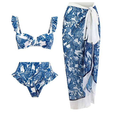 Moxidress Ruffle Trim Two-Piece Swimwear and Wrap Cover Up Skirt Print Set