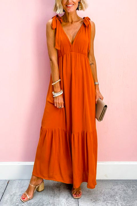 V Neck Bow Shoulder Sleeveless Ruffle Maxi Dress