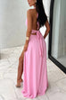 Moxidress Deep V Neck Halter Tie Knot Backless Slit Maxi Dress