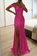 Moxidress V Neck Cold Shoulder High Slit Sequin Maxi Prom Dresses