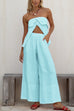 Moxidress Strapless Ruffle Slit Top Elastic Waist Wide Leg Pants Set