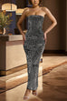 Moxidress Strapless Back Slit Rhinestone Bodycon Maxi Party Dress