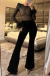 Moxidress Feather Cuffs Bell Bottom Velvet Splice Jumpsuit