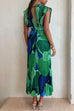 Moxidress V Neck Waisted Back Cut Out Printed Maxi Pleated Dress