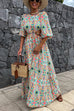 Moxidress Puff Sleeves Backless Lace-up Printed Maxi Vacation Dress