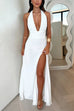 Moxidress Deep V Neck Halter Tie Knot Backless Slit Maxi Dress