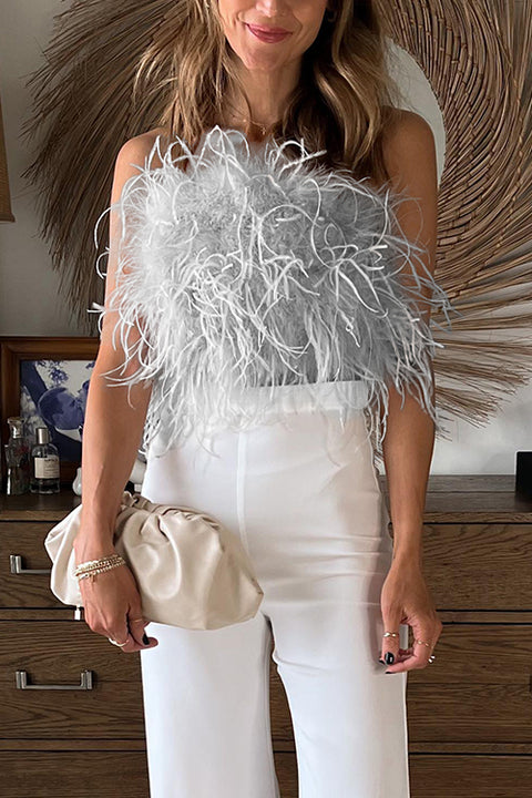 Moxidress Fuzzy Feather Crop Tube Top