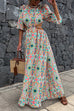 Moxidress Puff Sleeves Backless Lace-up Printed Maxi Vacation Dress