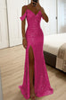 Moxidress V Neck Cold Shoulder High Slit Sequin Maxi Prom Dresses