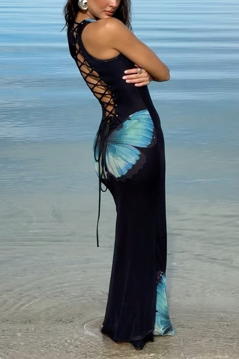 Moxidress Back Lace-up Sleeveless Butterfly Print Maxi Dress
