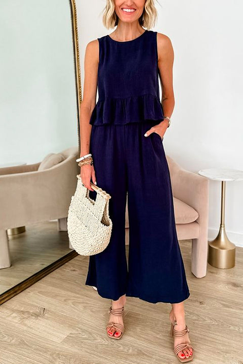 Moxidress Sleeveless Ruffle Top Wide Leg Pants Set