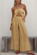 Moxidress Strapless Ruffle Slit Top Elastic Waist Wide Leg Pants Set