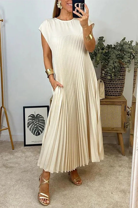 Moxidress Cap Sleeves Pocketed Loose Pleated Maxi Dress