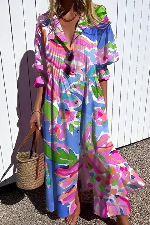 Moxidress Ruched Button Down Balloon Sleeves Printed Maxi Dress