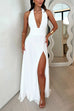 Moxidress Deep V Neck Halter Tie Knot Backless Slit Maxi Dress